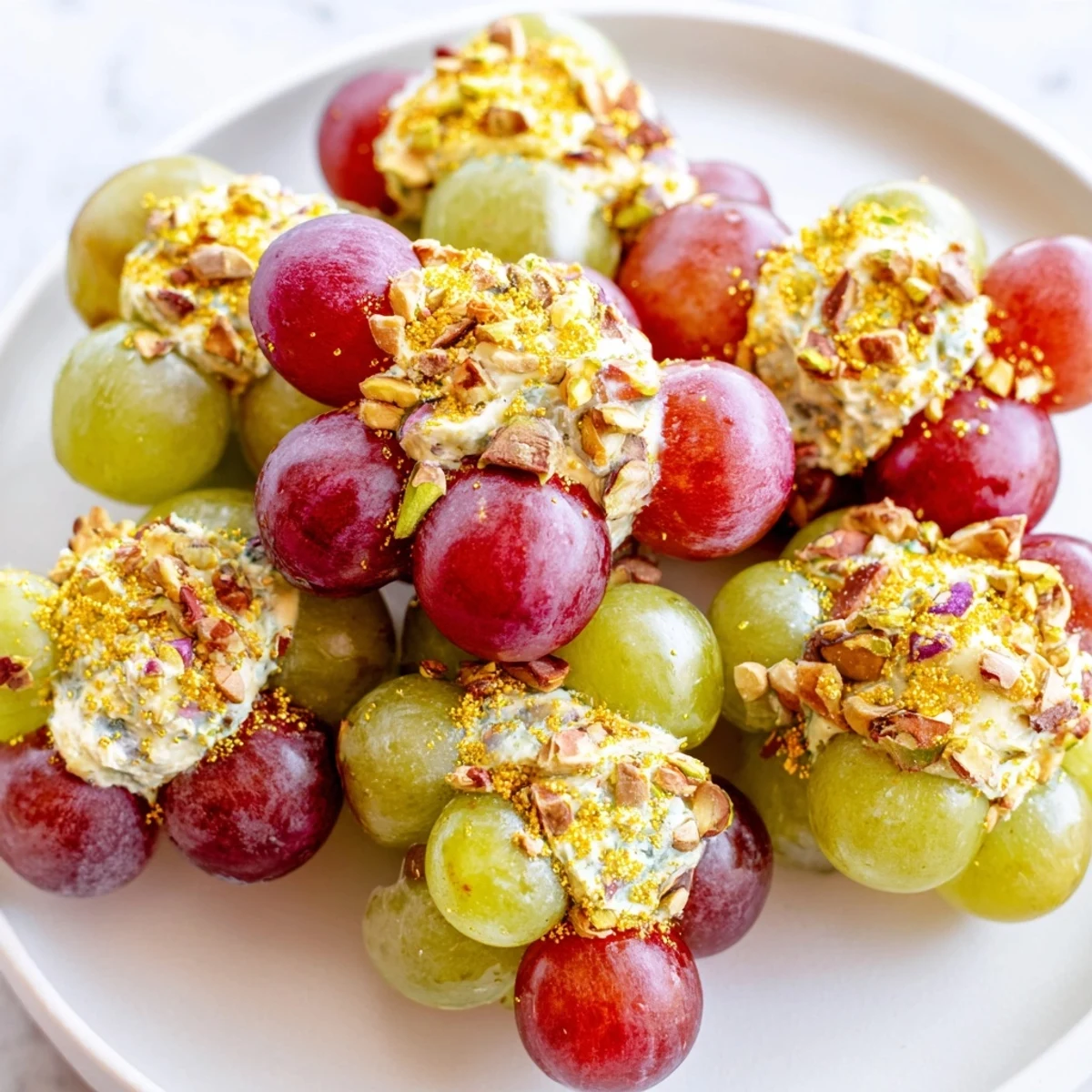 Festive sparkling grape cluster appetizer arrangement: juicy grapes enrobed with cheese and toasted nuts, ready to enjoy.