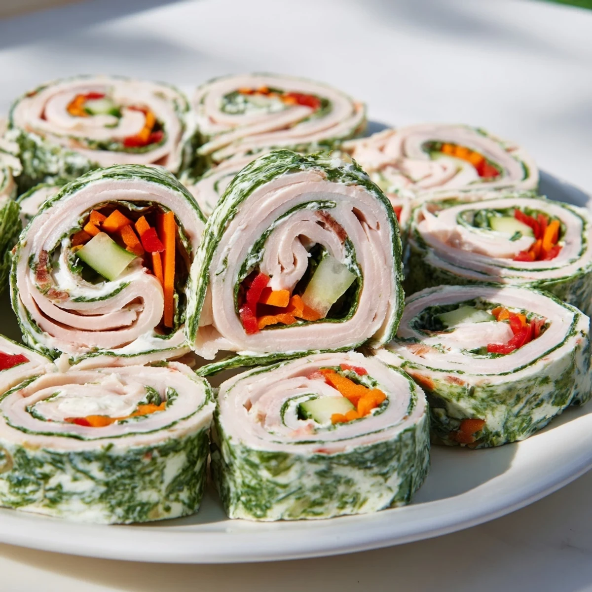 Beautifully arranged Smoked Turkey Pinwheels Tree, showcasing colorful fillings and adorned with parsley.