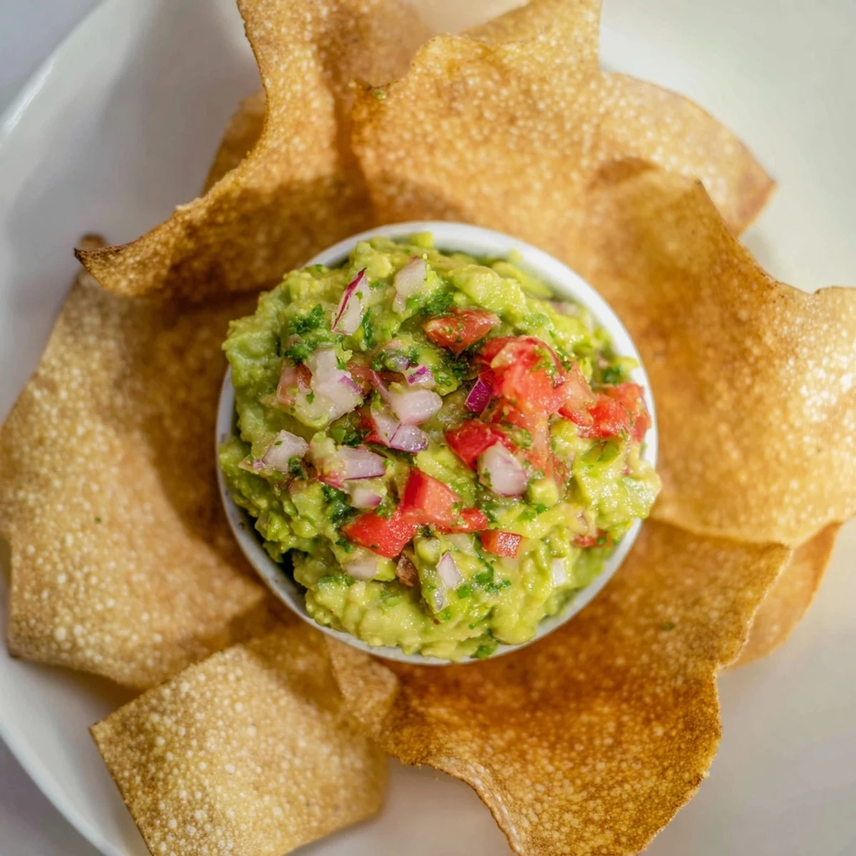 Golden-brown pita chips surrounding a vibrant bowl of fresh guacamole, ready for dipping.