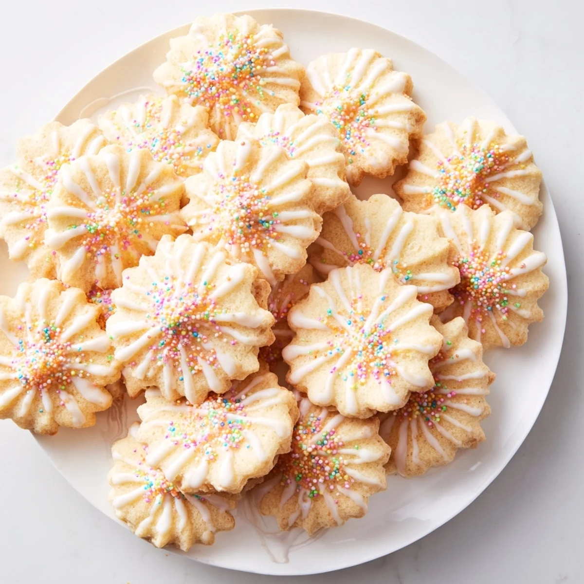 Golden, buttery spritz cookies shaped into a layered fan, ready to be enjoyed with coffee or tea.