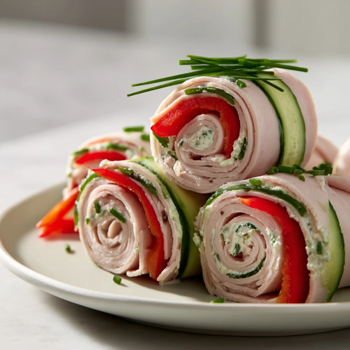 Freshly rolled turkey roll-ups, showcasing vibrant red peppers and cucumbers, ready to eat now.