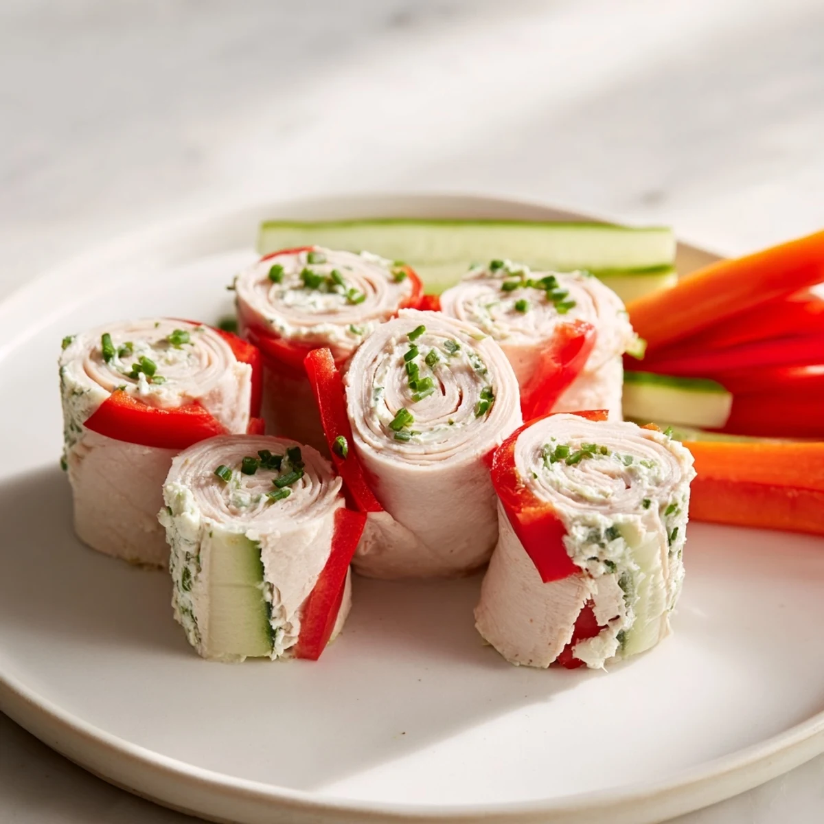 Stacked turkey roll-ups, filled with cream cheese and veggies, a quick and delicious appetizer.