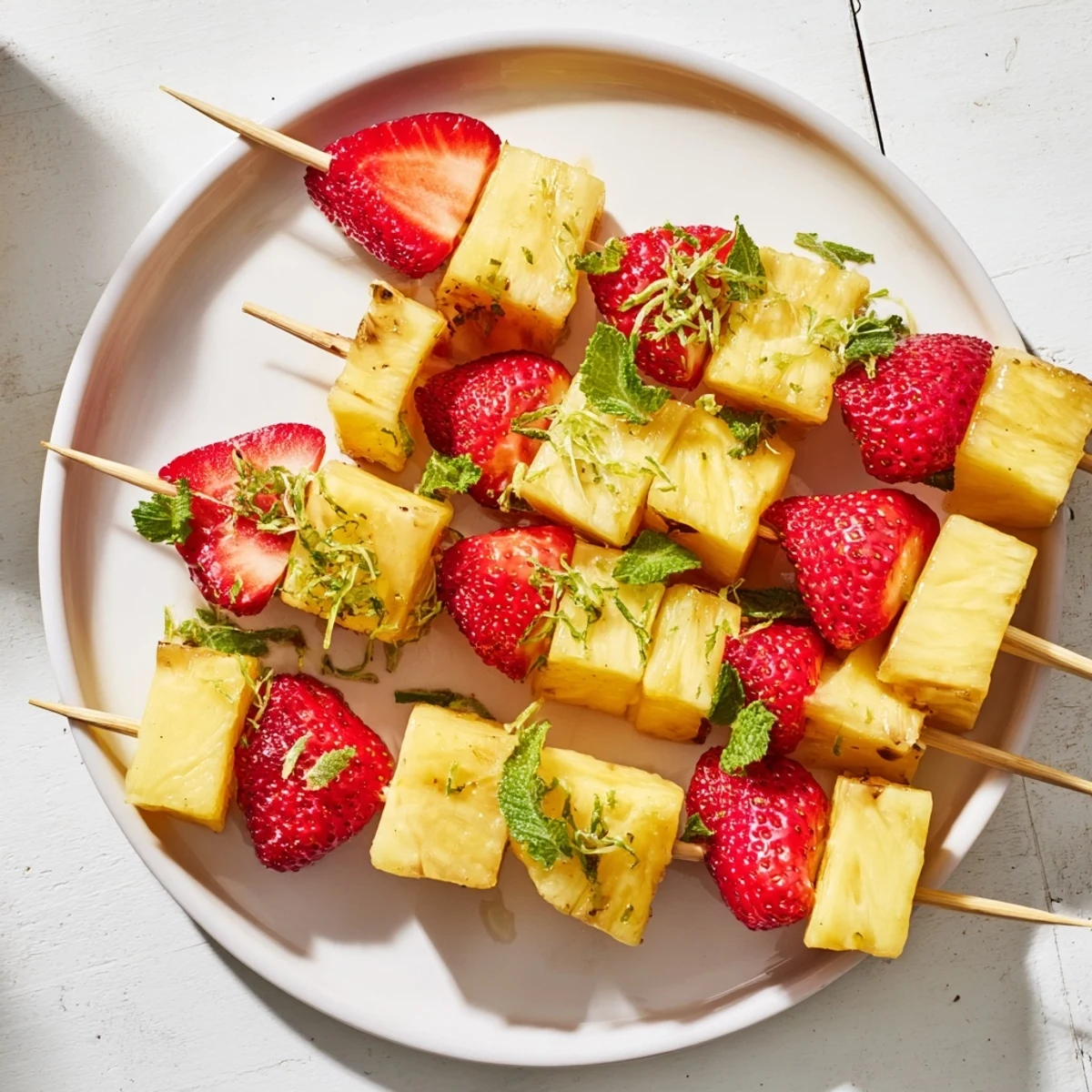 Colorful fruit skewers: alternating pineapple and strawberry chunks, a perfect summer snack.