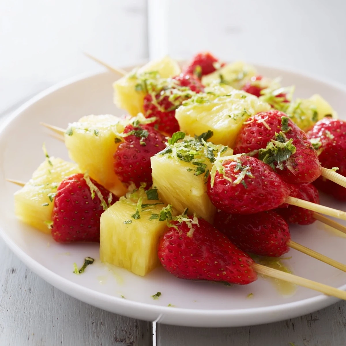 Fresh fruit skewers with pineapple and strawberries, drizzled with honey, a delicious, easy treat.