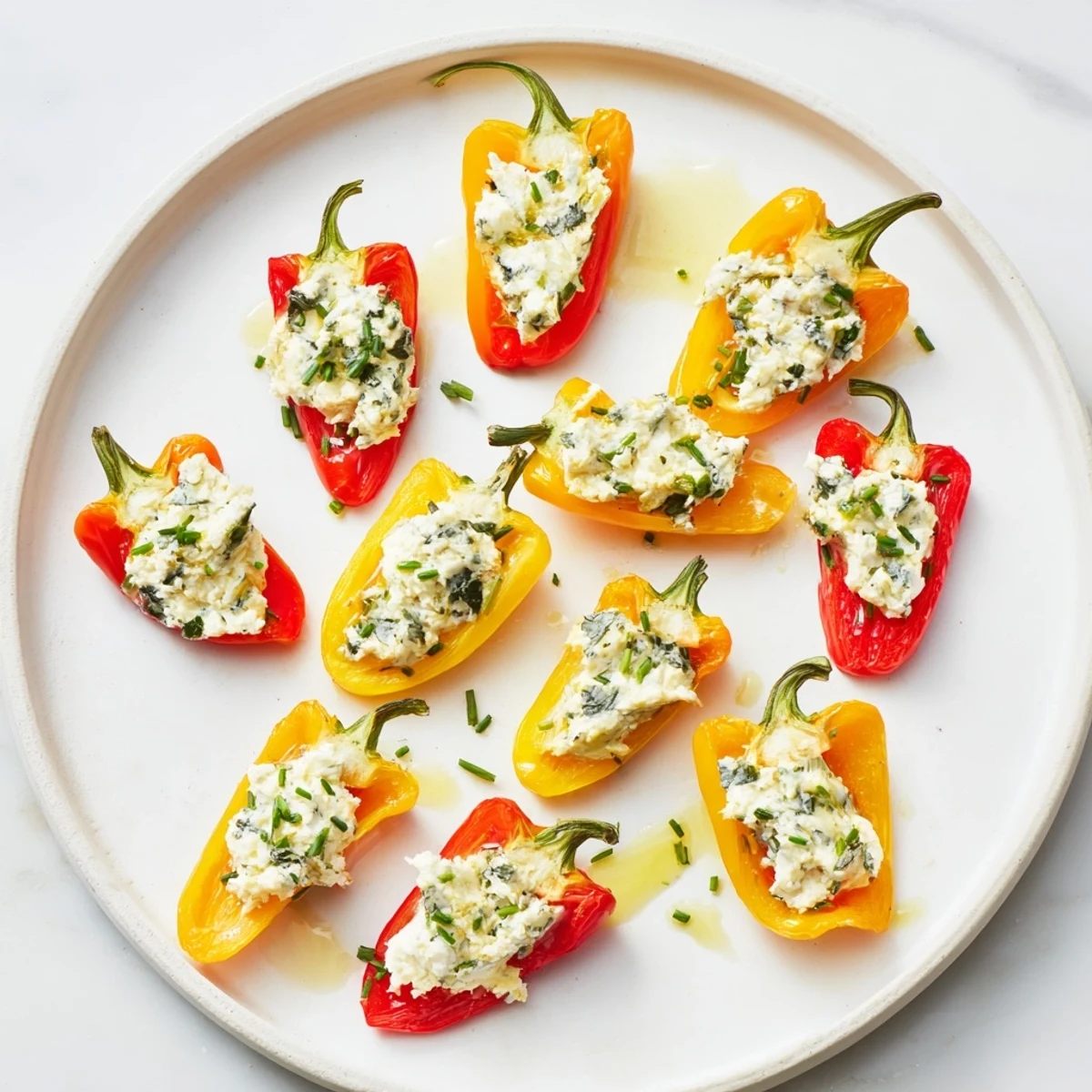 Vibrant mini bell pepper halves overflowing with creamy feta filling, ready to serve as an appetizer.