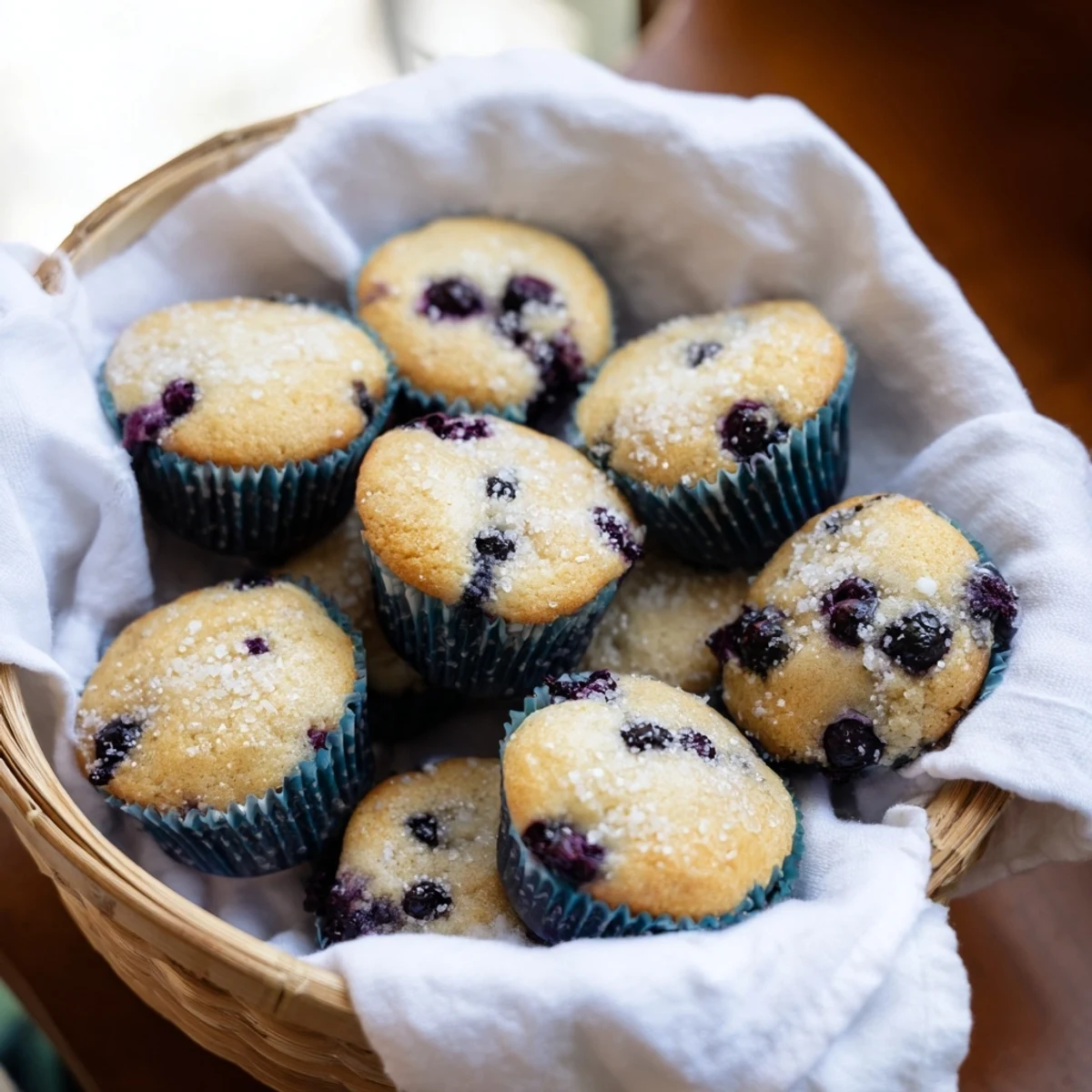 Golden, perfectly browned mini blueberry muffins overflowing from a rustic woven basket, ready to eat.