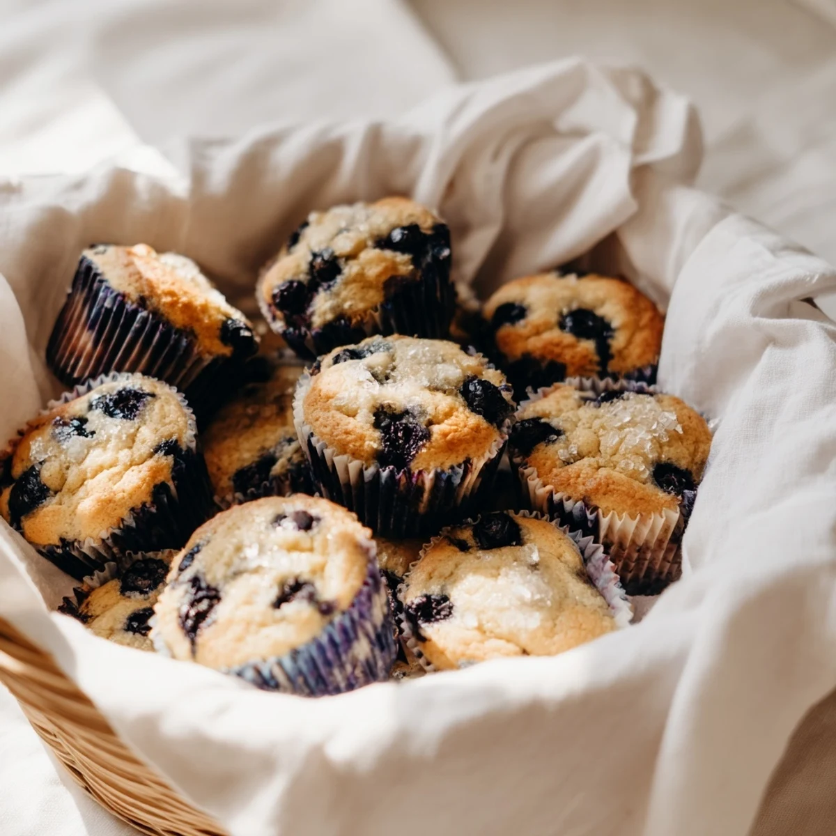 Bite-sized mini blueberry muffins, pictured with fresh blueberries, offer a sweet American breakfast treat.