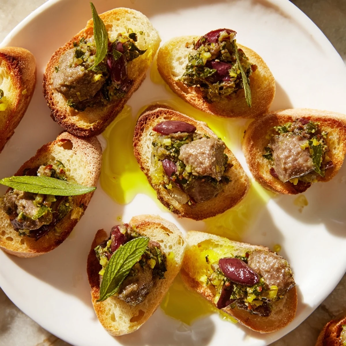 Golden crostini topped with vibrant black olive tapenade, a savory appetizer for sharing.