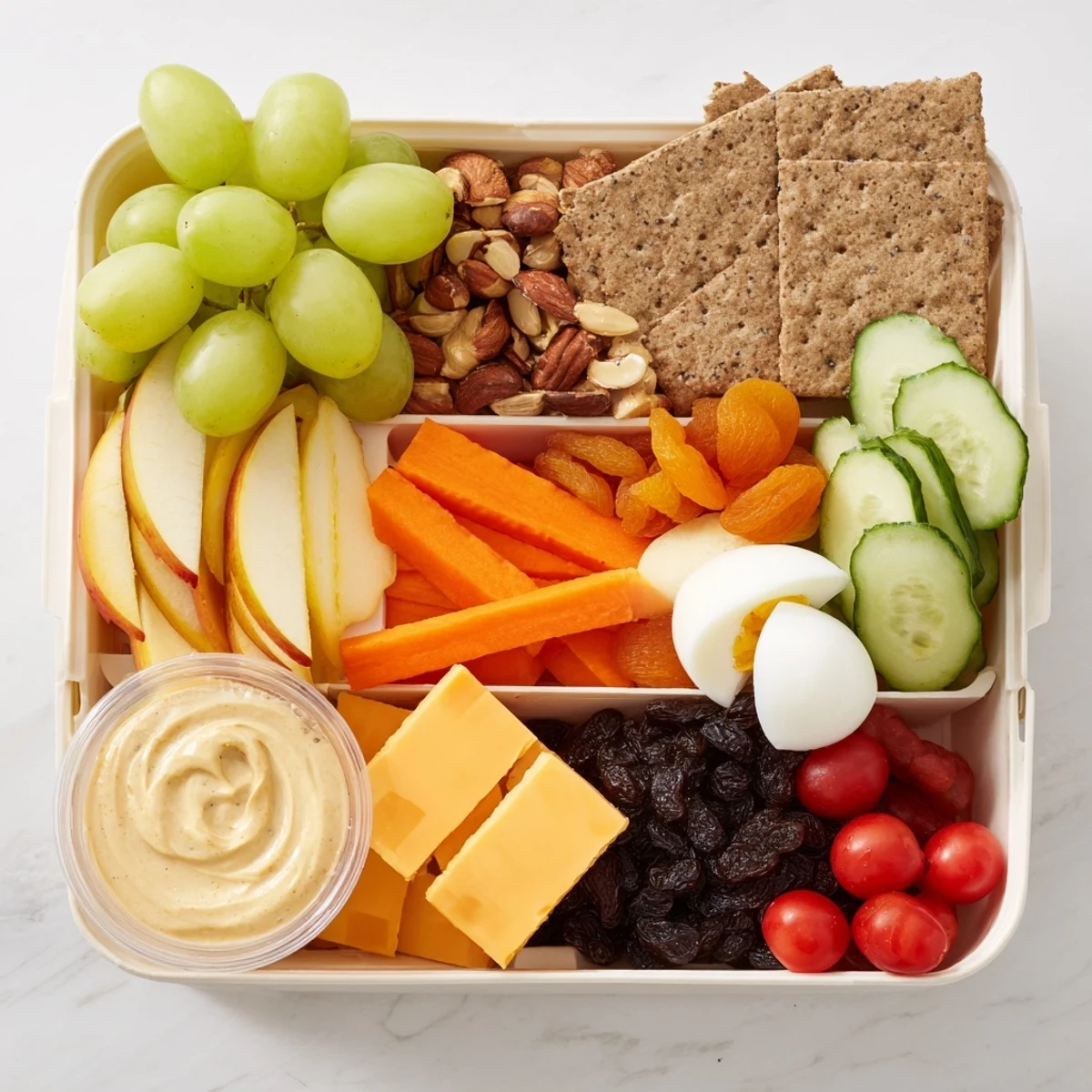 Mess-free road trip snack box, featuring a variety of portable, healthy snacks for on-the-go enjoyment.
