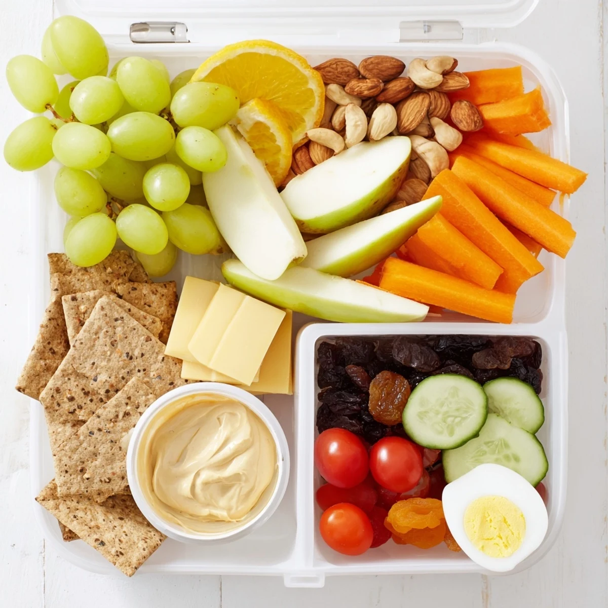 Vibrant road trip snack box with colorful fruits, cheese cubes, crackers, ready for eating.