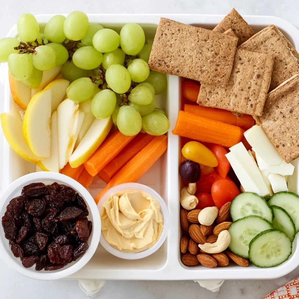 Freshly packed road trip snack box: a visually appealing array of fruits, nuts, and savory bites ready to eat.