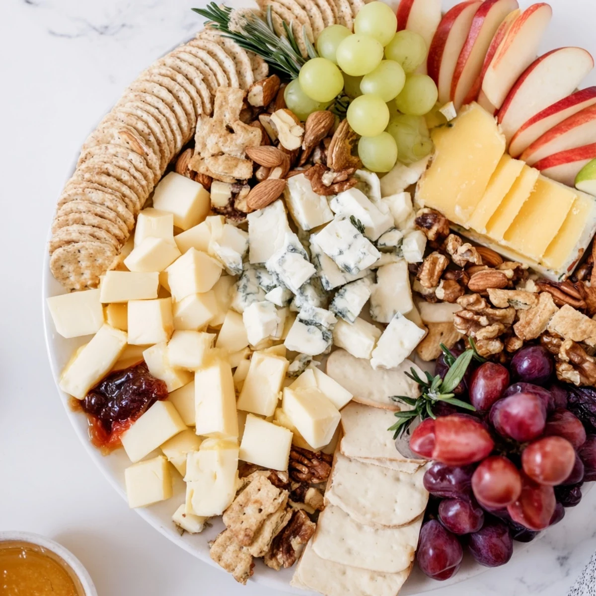 A tempting view of the housewarming open house spread, featuring various cheeses, crackers, and fruits.