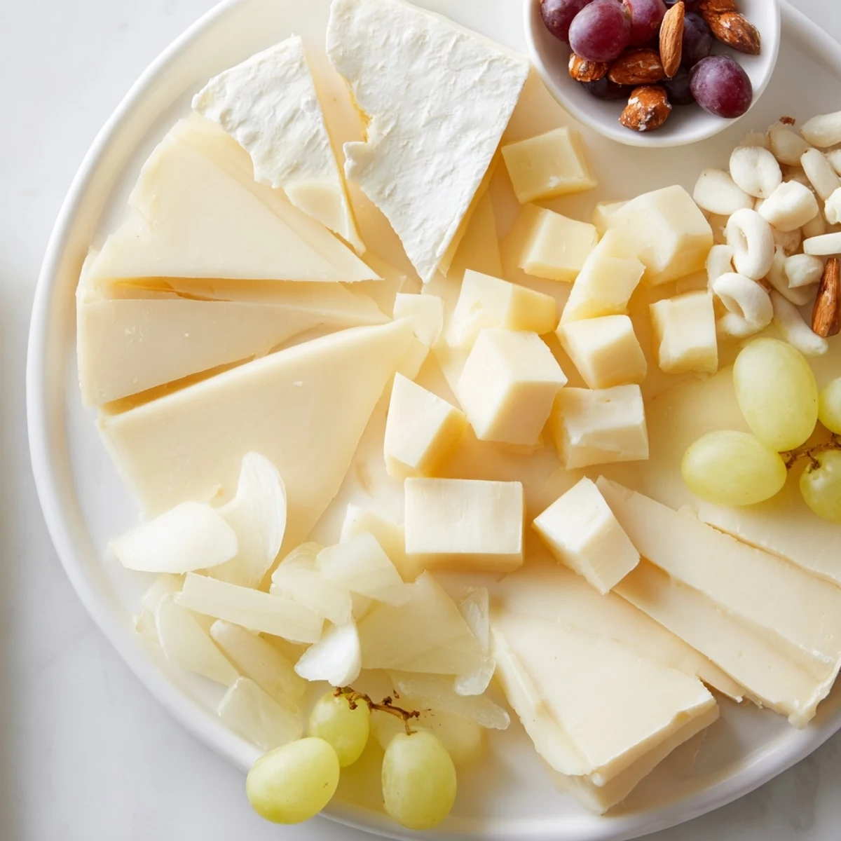 A Bridal Shower Bubbly Board overflowing with elegant white cheeses, fruits, and sparkling wine for guests.