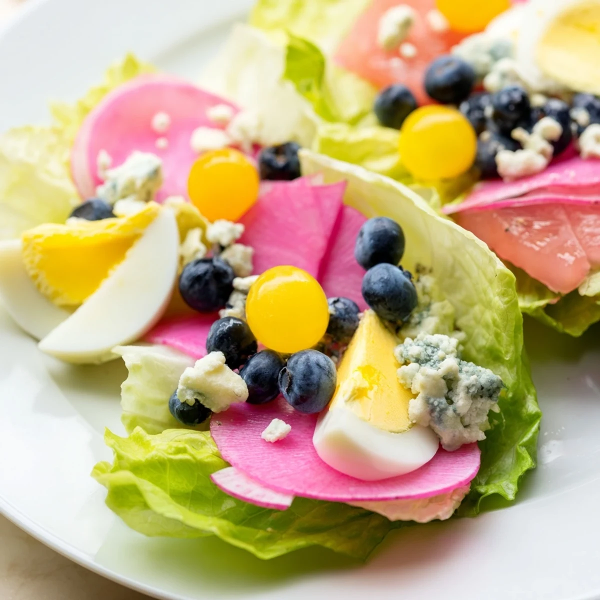 Baby Shower Pastel Palette Salad: A vibrant salad with pastel pinks, blues, and yellows, ready to serve.