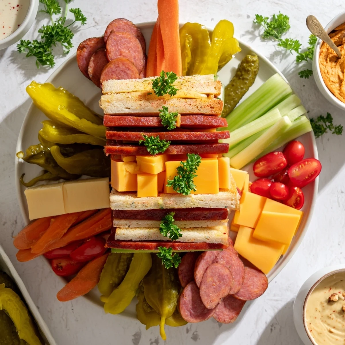 A loaded Tailgate Party Power Stack with layers of meats, cheeses, and colorful fresh vegetables.