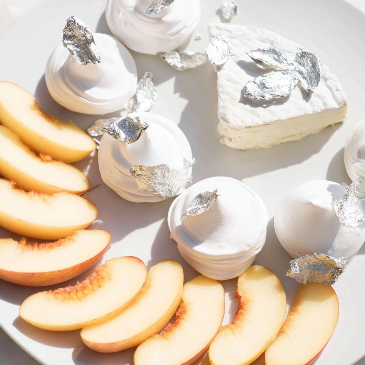 Elegantly arranged Pearly Gates appetizer: brie, peaches, meringue, shimmering edible silver leaf.