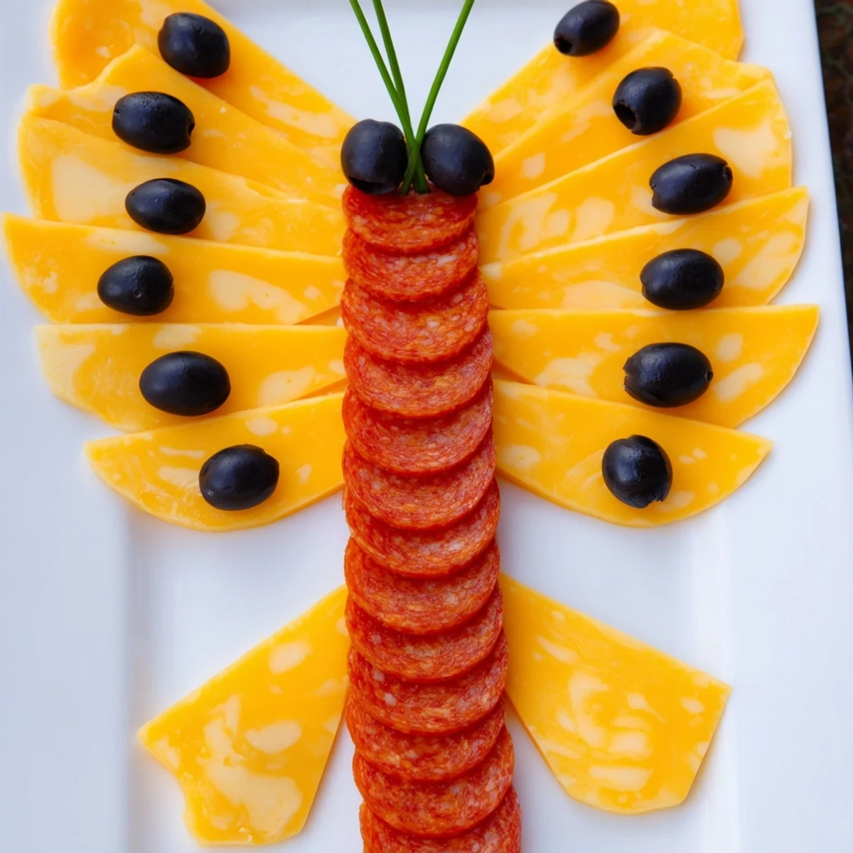 Butterfly Migration appetizer platter with vibrant cheddar wings and salami body, ready to serve.
