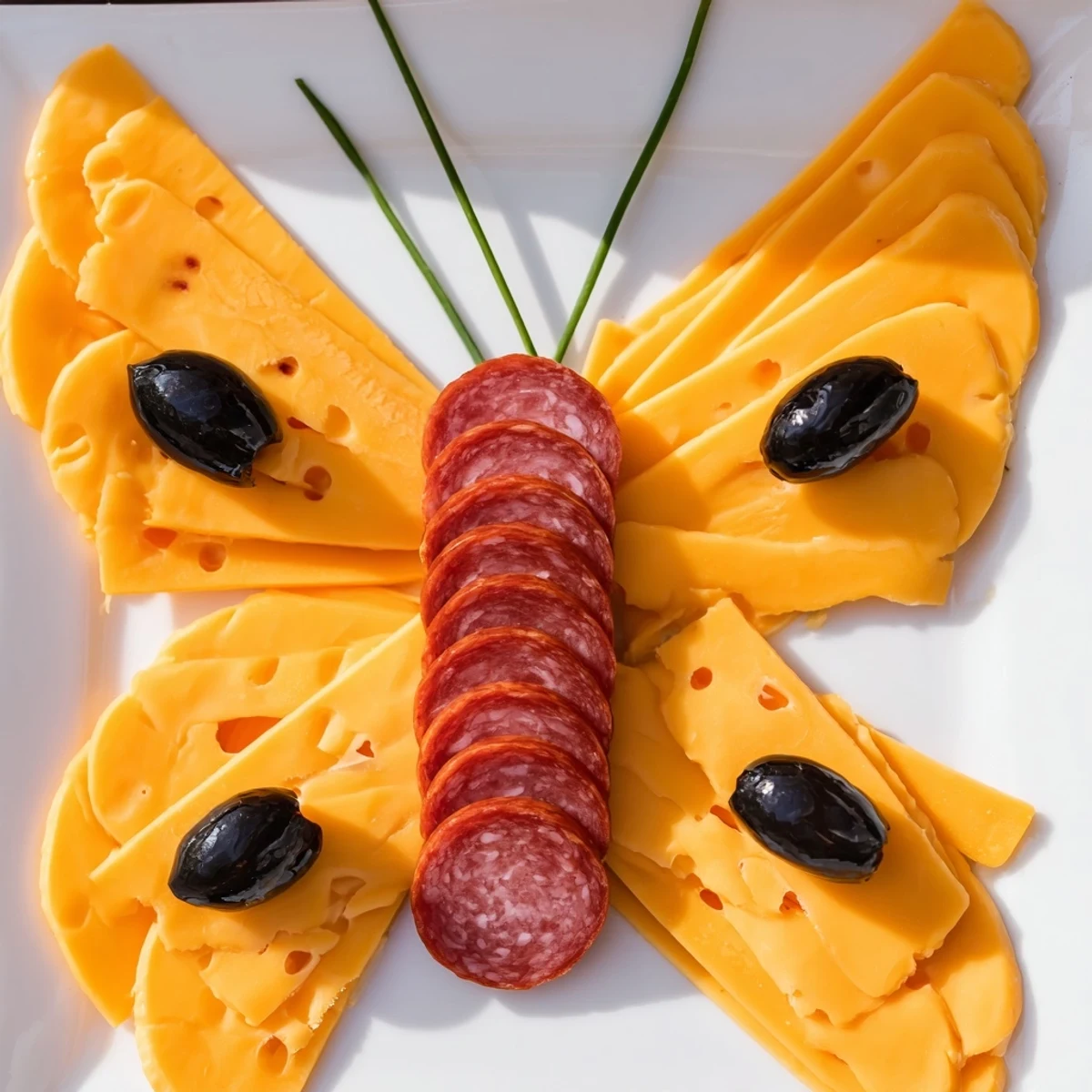 A whimsical Butterfly Migration appetizer includes orange cheddar cheese wings, black olive accents, and a salami body.