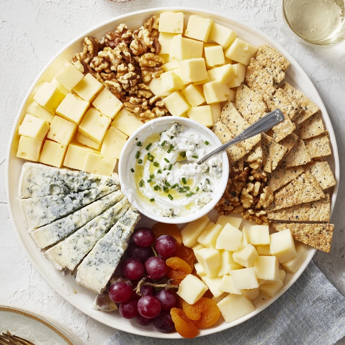 A visually stunning Celtic Cross Cheese Platter showcases assorted cheeses with grapes and nuts.