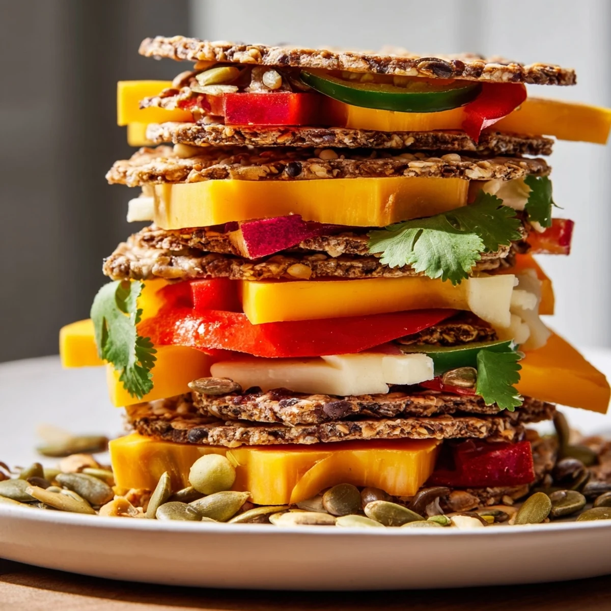 Savory Southwest Mesa appetizer with layered cheeses and crackers, garnished with peppers for color.