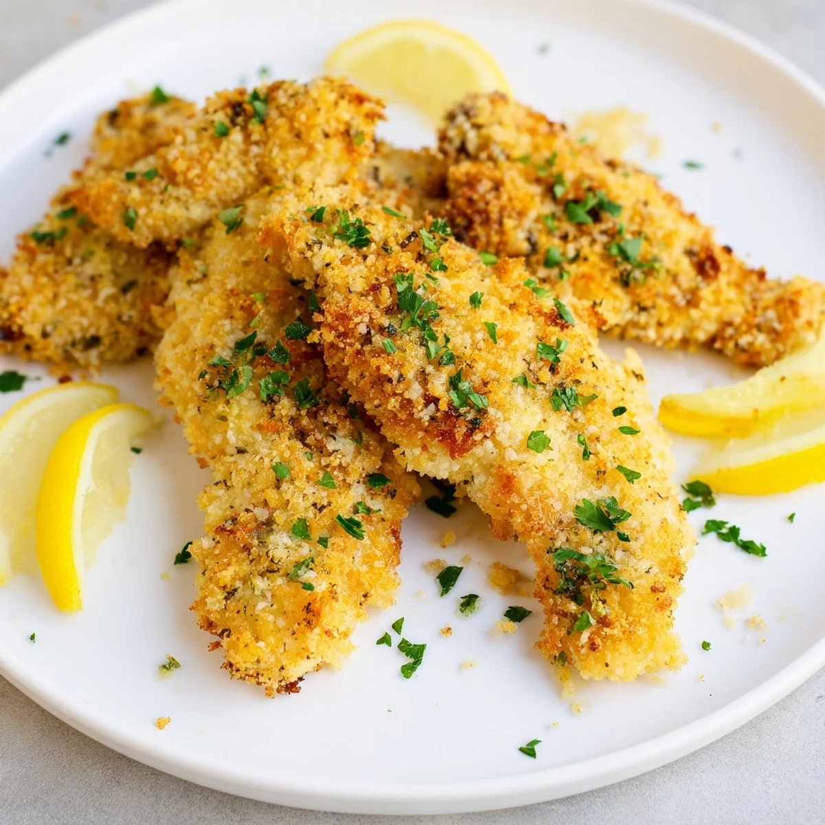 Enjoy a plate of flavorful Garlic Parmesan Chicken Tenders, perfectly crispy and easy to prepare.