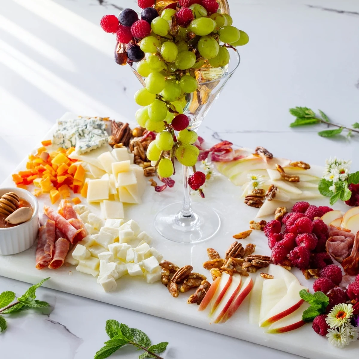 Luscious Champagne Waterfall Board overflowing with colorful fruits, cheeses, and decadent treats, perfect for sharing.