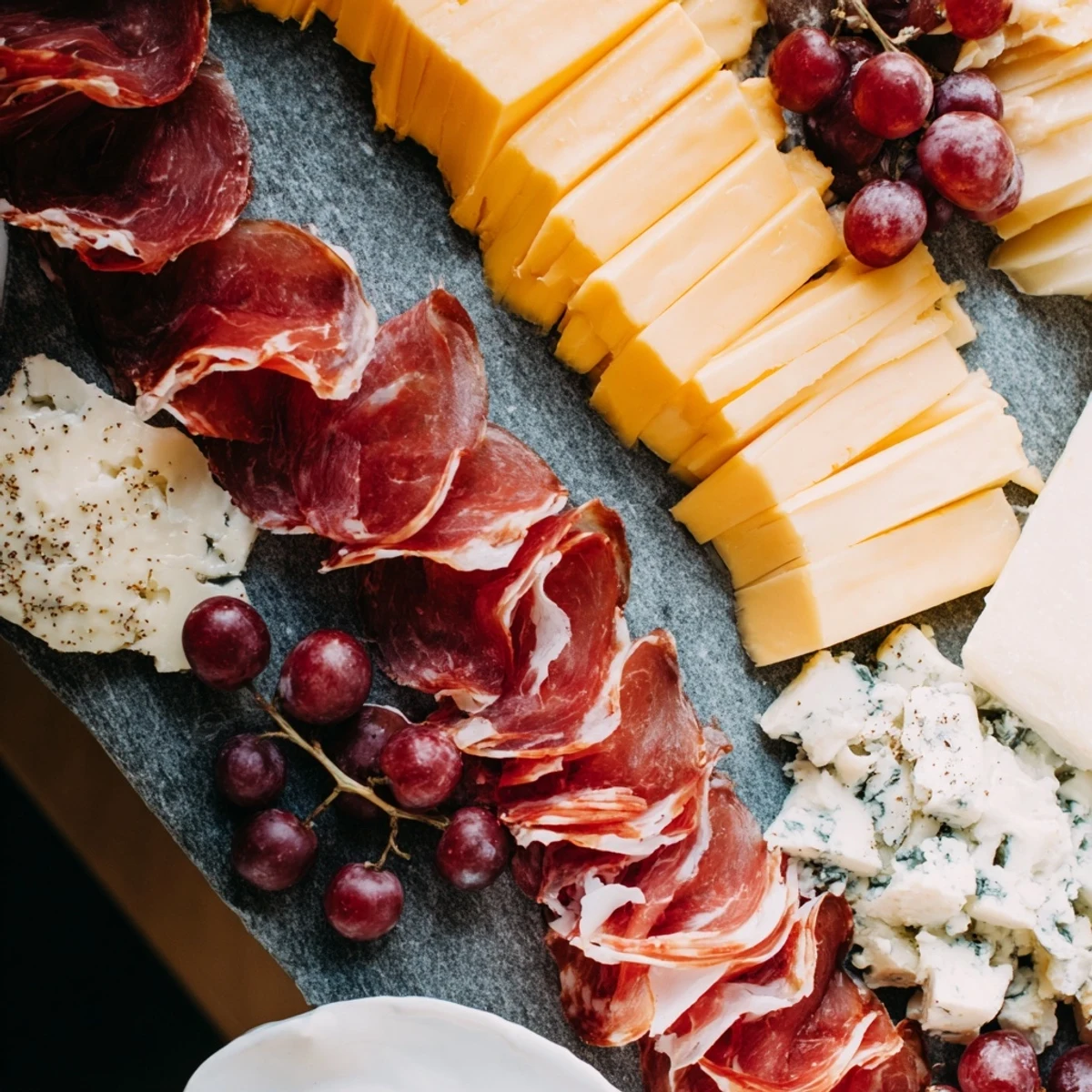 The Industrial Slate: a modern charcuterie board, featuring cheeses and cured meats artistically arranged.