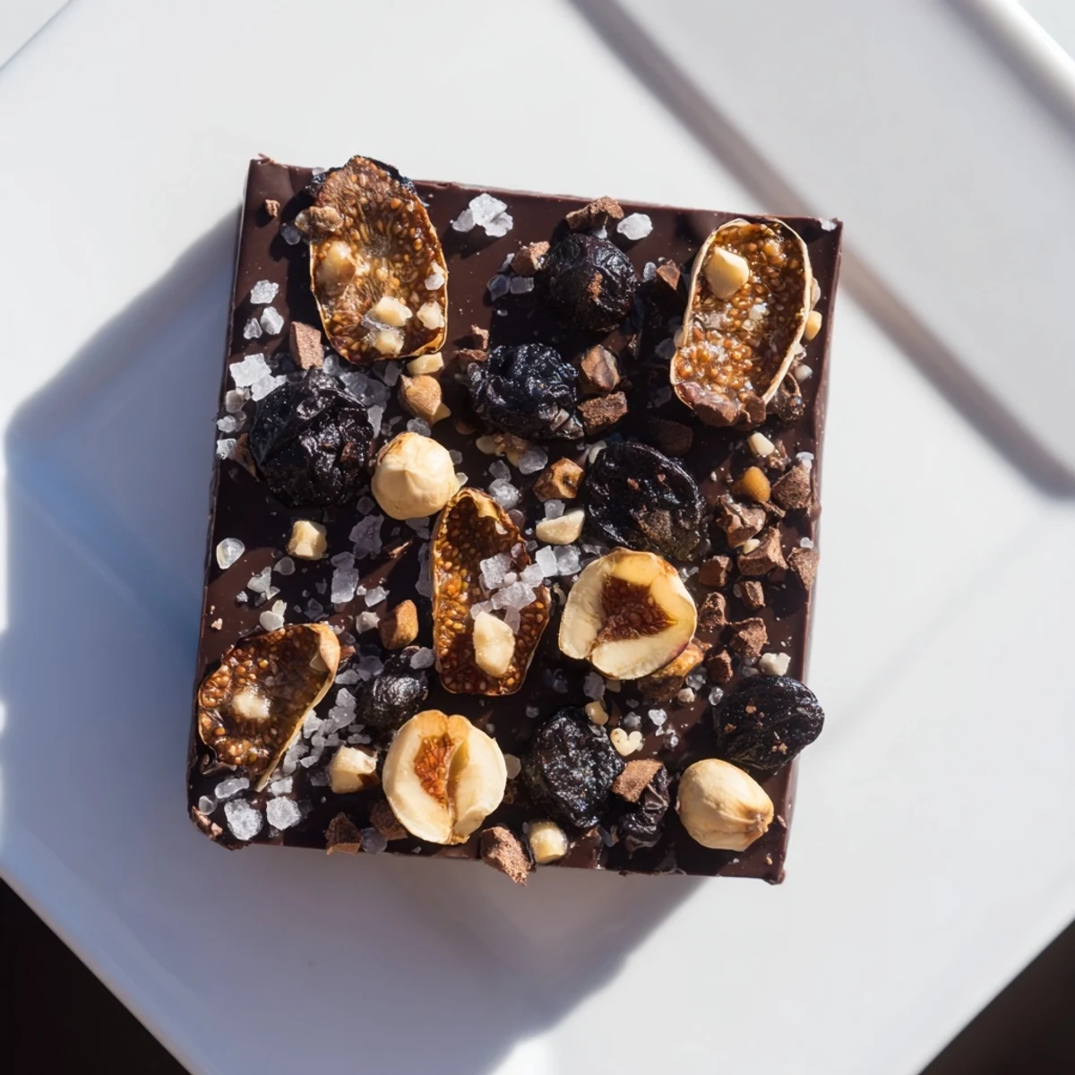 A chilled slice of Midnight Mosaic dessert showing figs, chocolate, and olives, ready to enjoy.