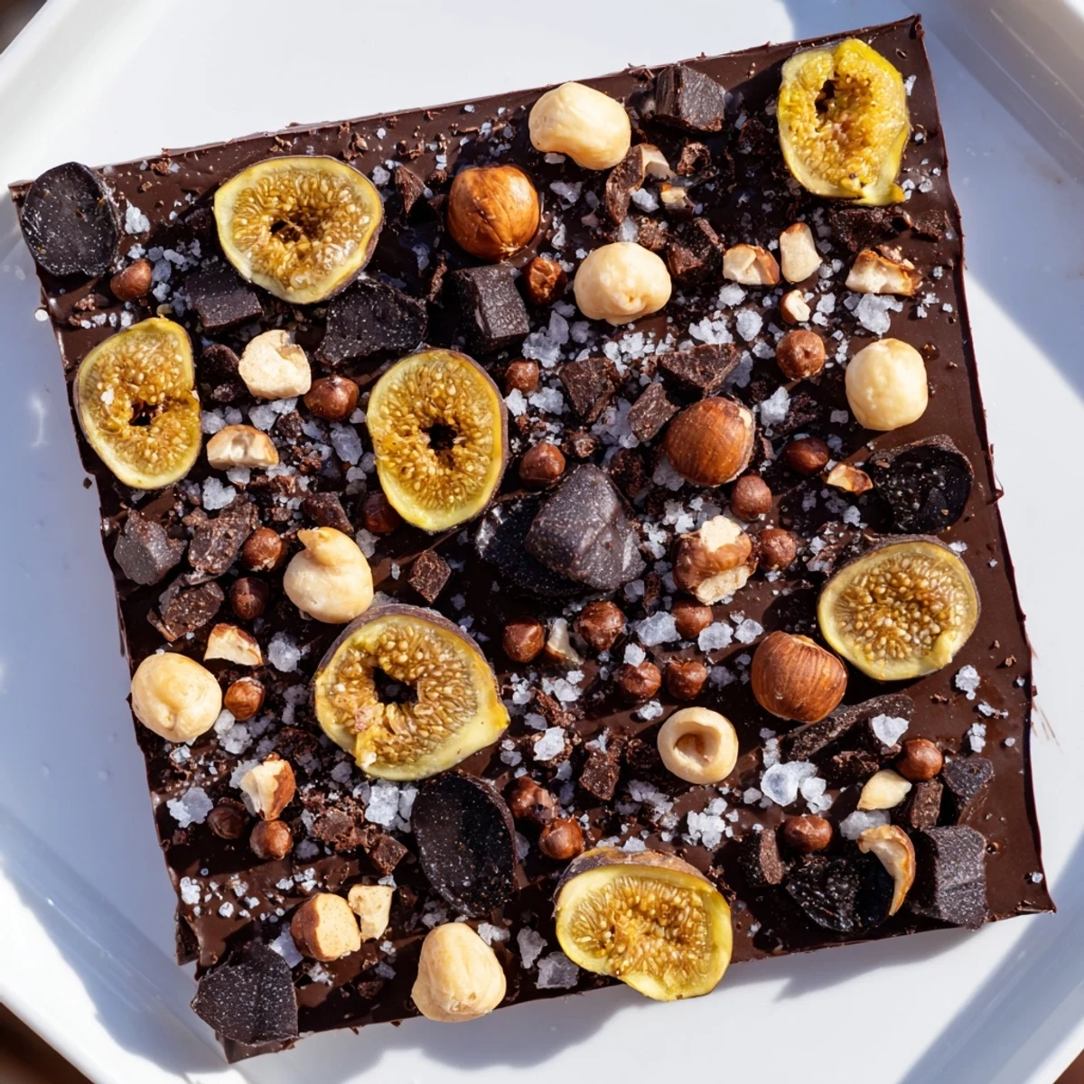 Close-up of the Midnight Mosaic dessert: a rich, layered treat with dark chocolate and fruit.