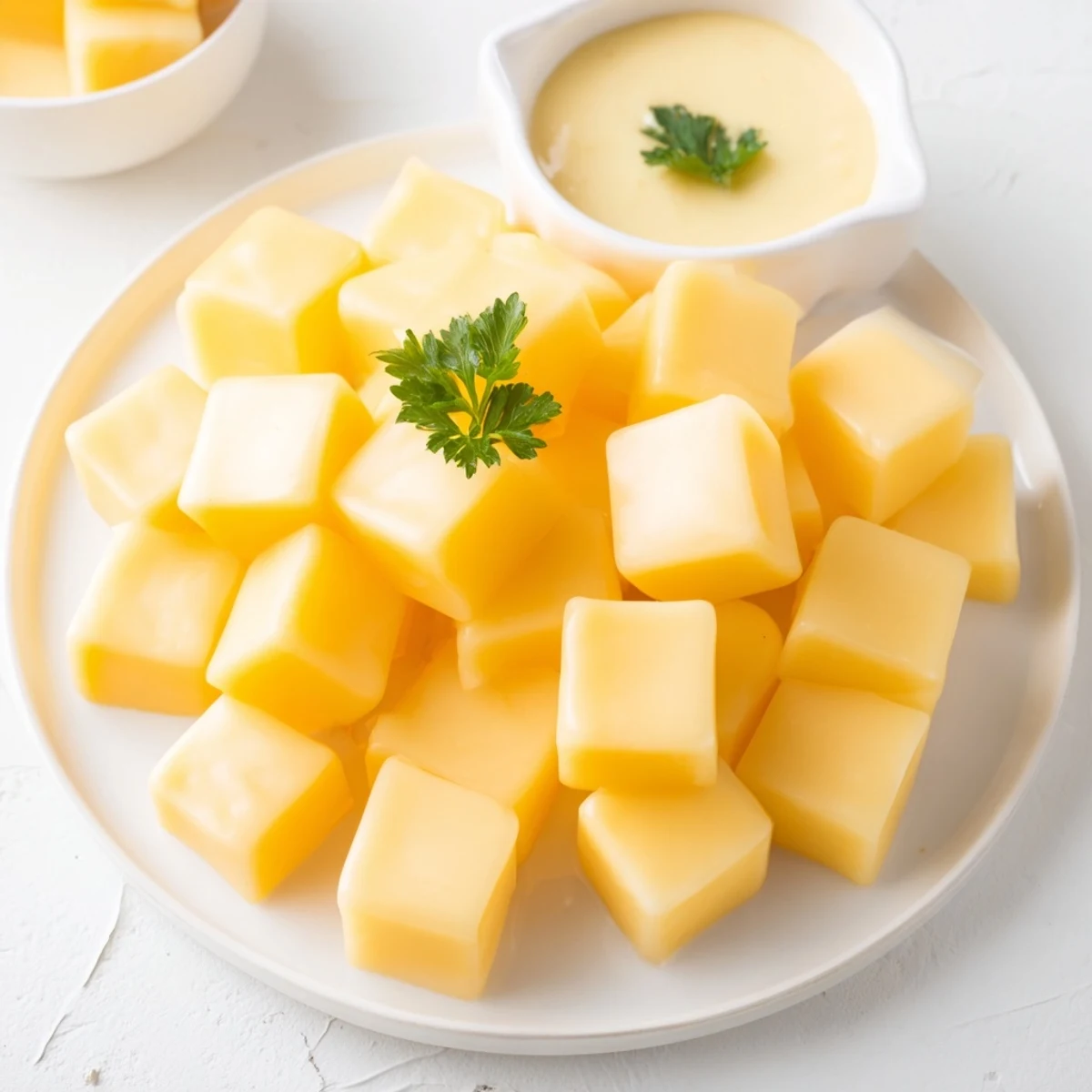 Close-up of a cheese platter, showcasing Gouda cubes next to a tangy mustard dip bowl.