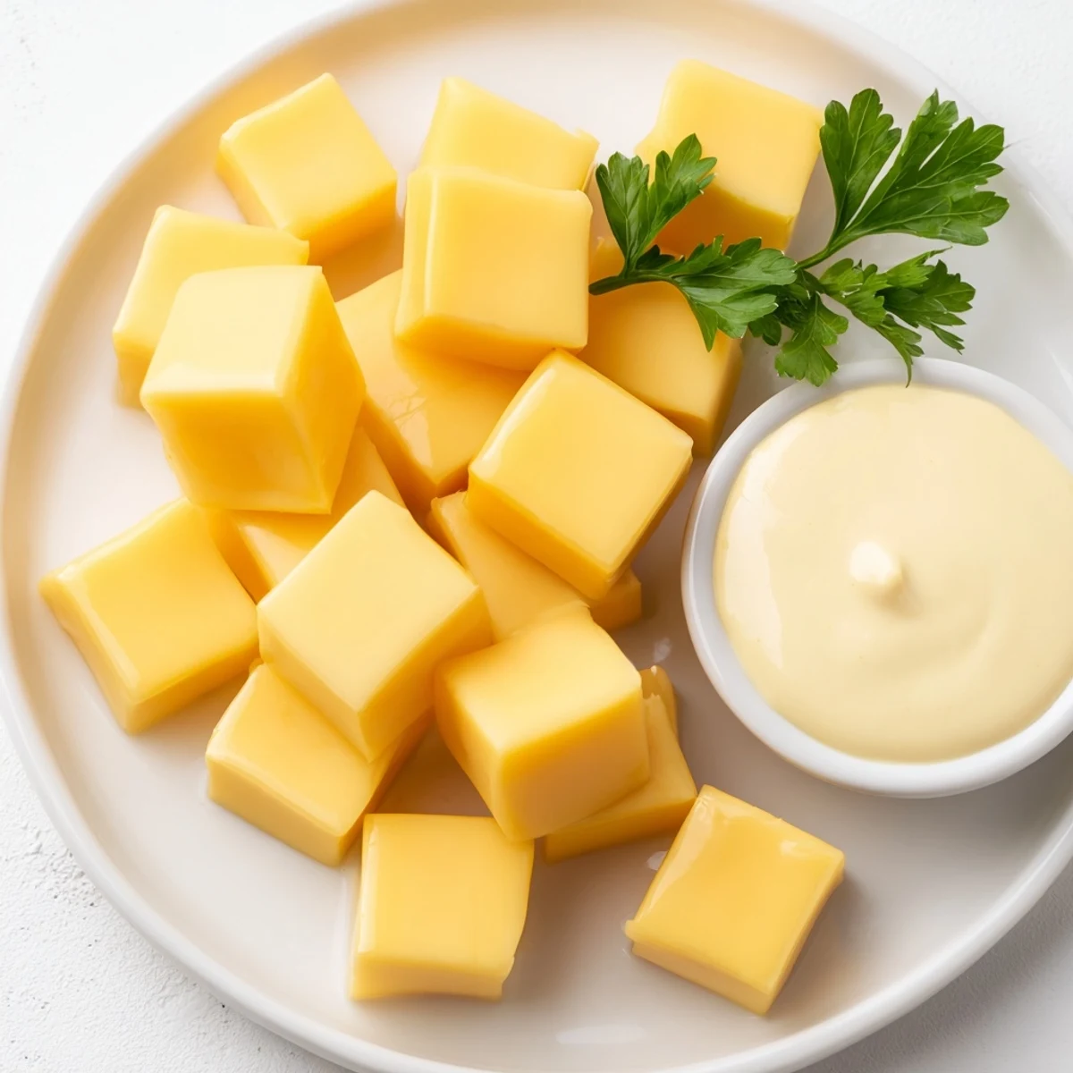 Gouda cheese cubes glistening beside a bowl of homemade mustard dip on a cheese platter.