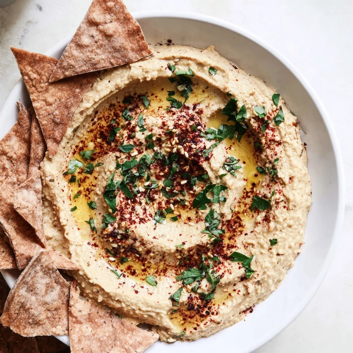Creamy hummus Sahara Dune appetizer, served with crispy, paprika-dusted pita chips representing desert sand.