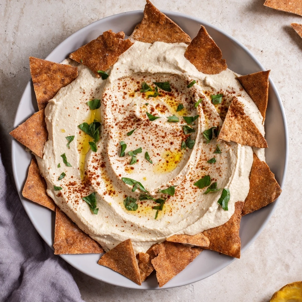 Appetizing photo of the Sahara Dune: smooth hummus mounds, shaped like dunes, ready for dipping with pita chips.