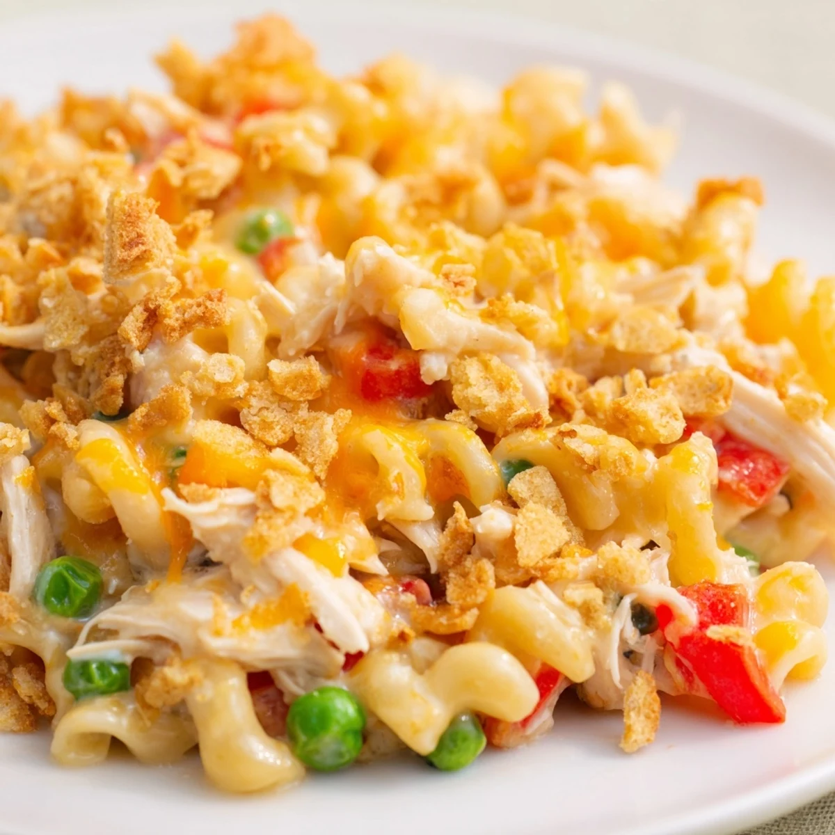 A close-up of a hearty Chicken Macaroni Southern Style bake, showing tender chicken amidst cheesy pasta.