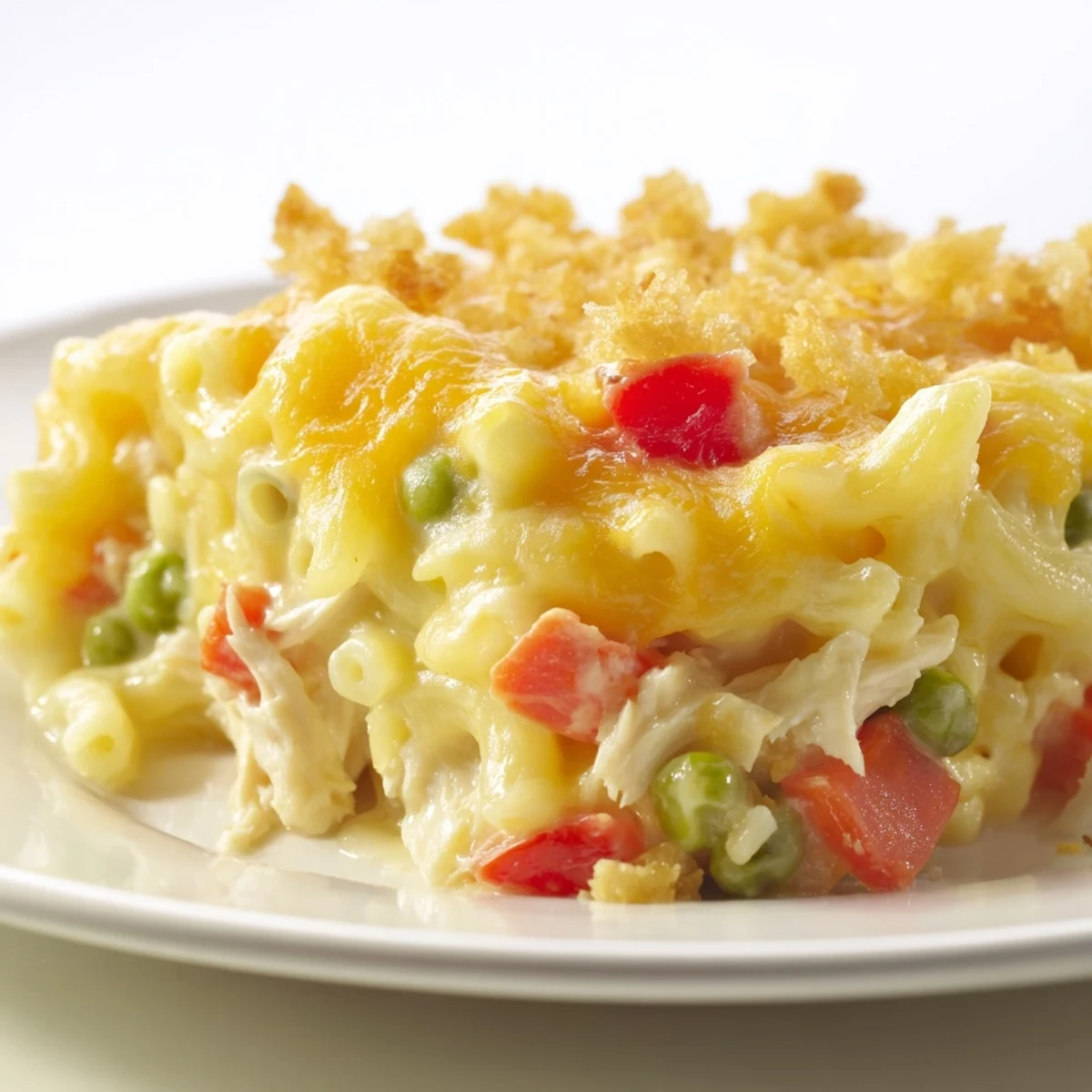 Creamy Chicken Macaroni Southern Style casserole, bubbling hot from the oven with a golden cheese topping.