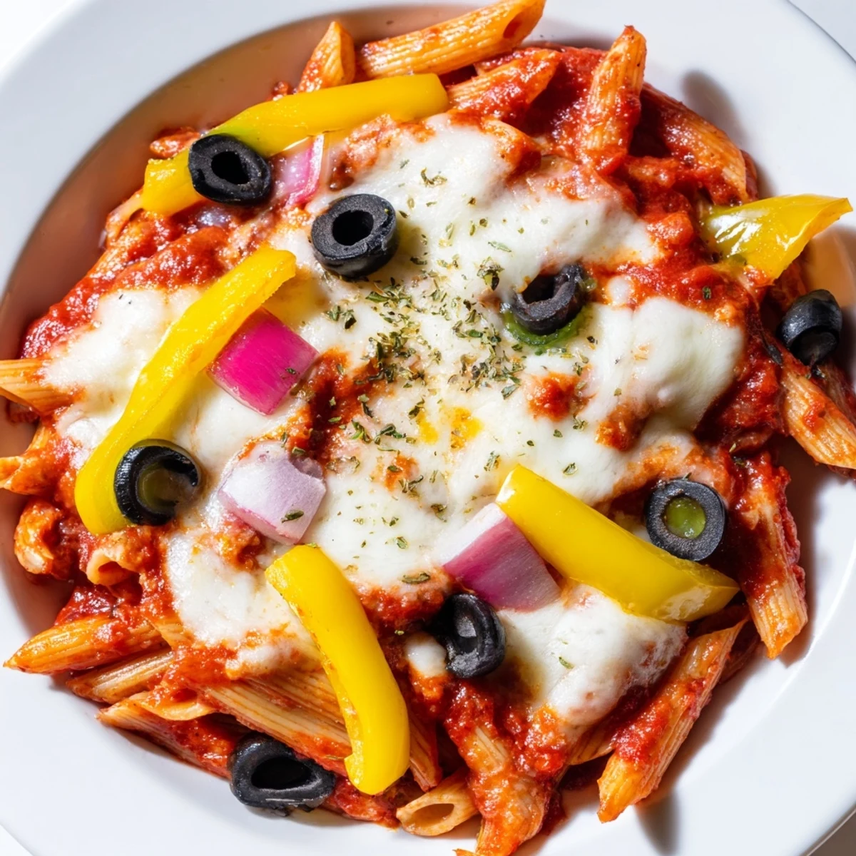 Steaming one-pot pizza pasta, bubbly cheese melting over a quick, flavorful family meal.