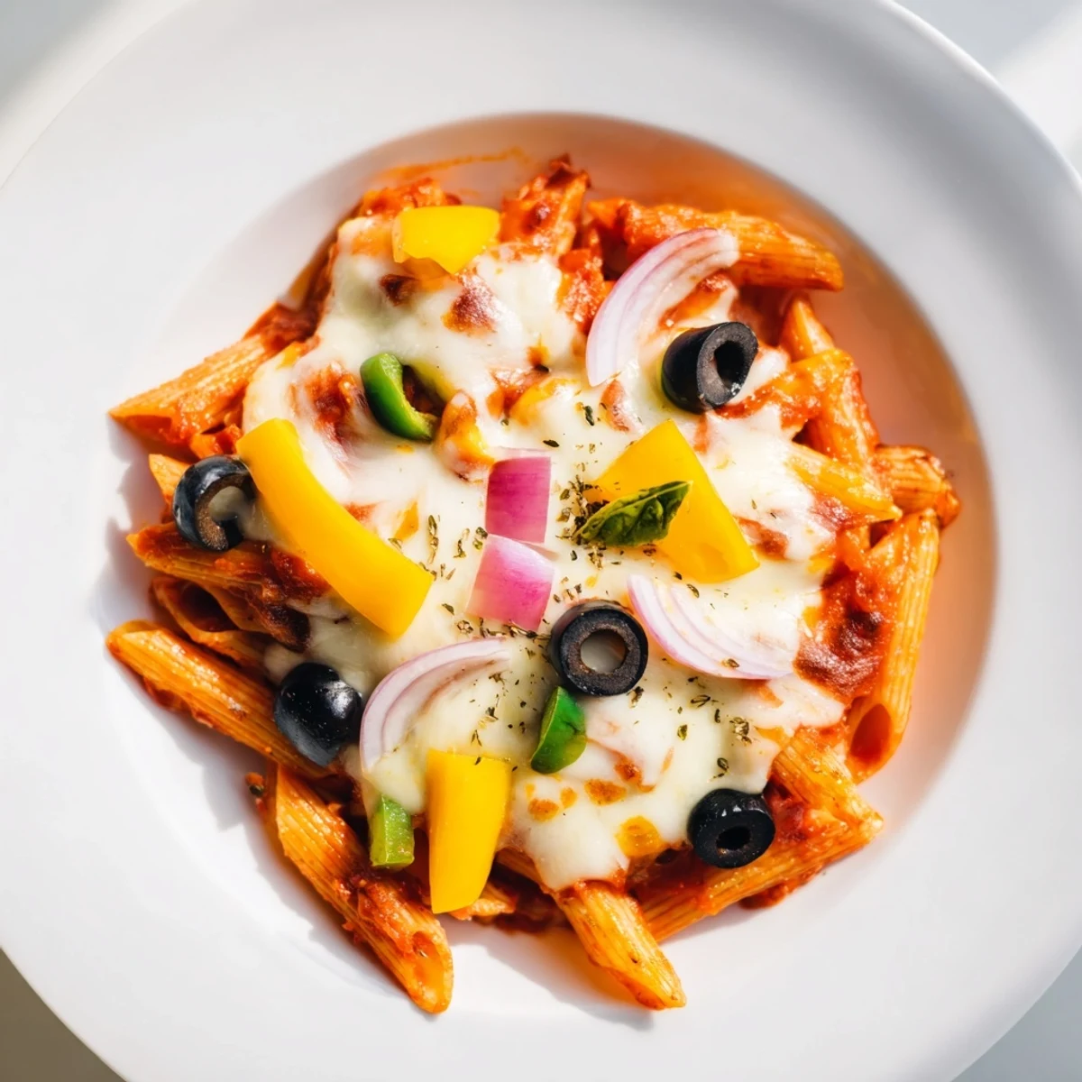 A close-up of the delicious one-pot pizza pasta, loaded with colorful veggies, ready to eat.