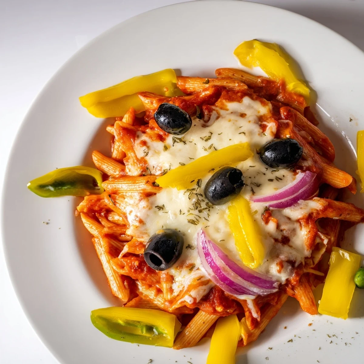 Golden, melted mozzarella and Parmesan cover this simple, satisfying one-pot pizza pasta creation.