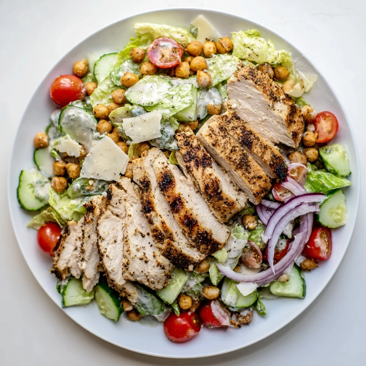 Grilled chicken Caesar Pasta-less Bowl with juicy tomatoes, romaine lettuce, and creamy dressing.