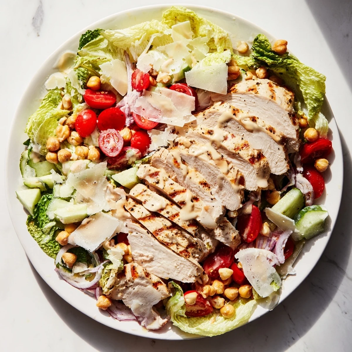 A colorful Chicken Caesar Pasta-less Bowl with grilled chicken slices and crunchy toppings, ready to enjoy.