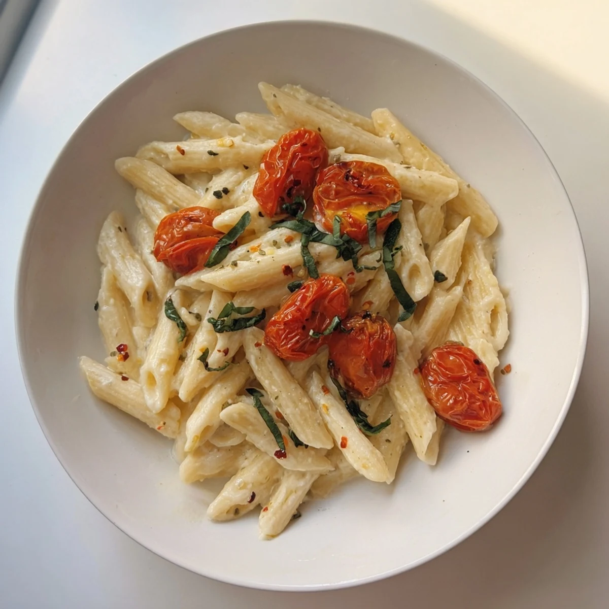 Vibrant Boursin Cheese Pasta with roasted cherry tomatoes, smelling fragrant, ready to serve with fresh basil.