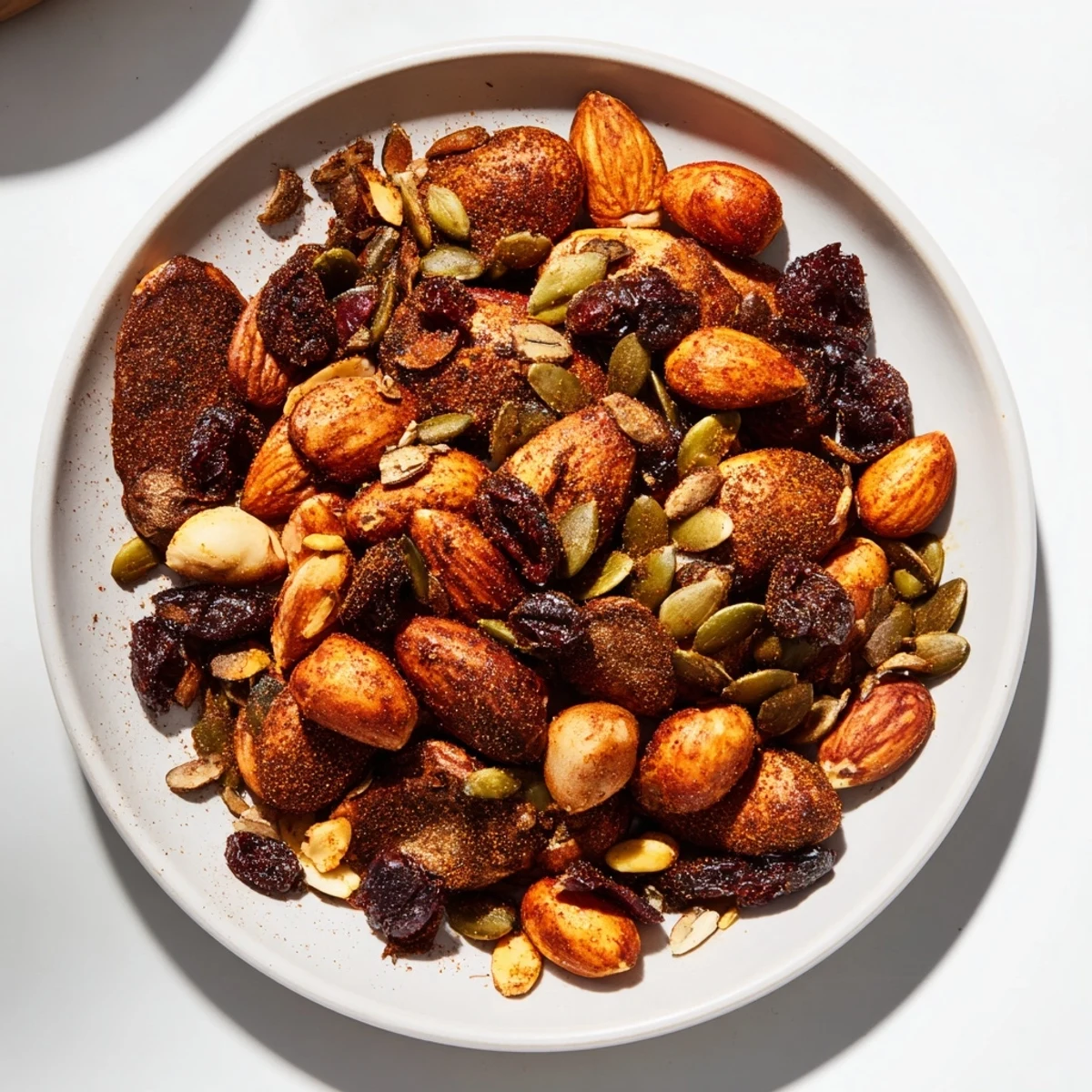 Toasted acorn and oak snack mix, a savory, crunchy snack with a hint of spice.
