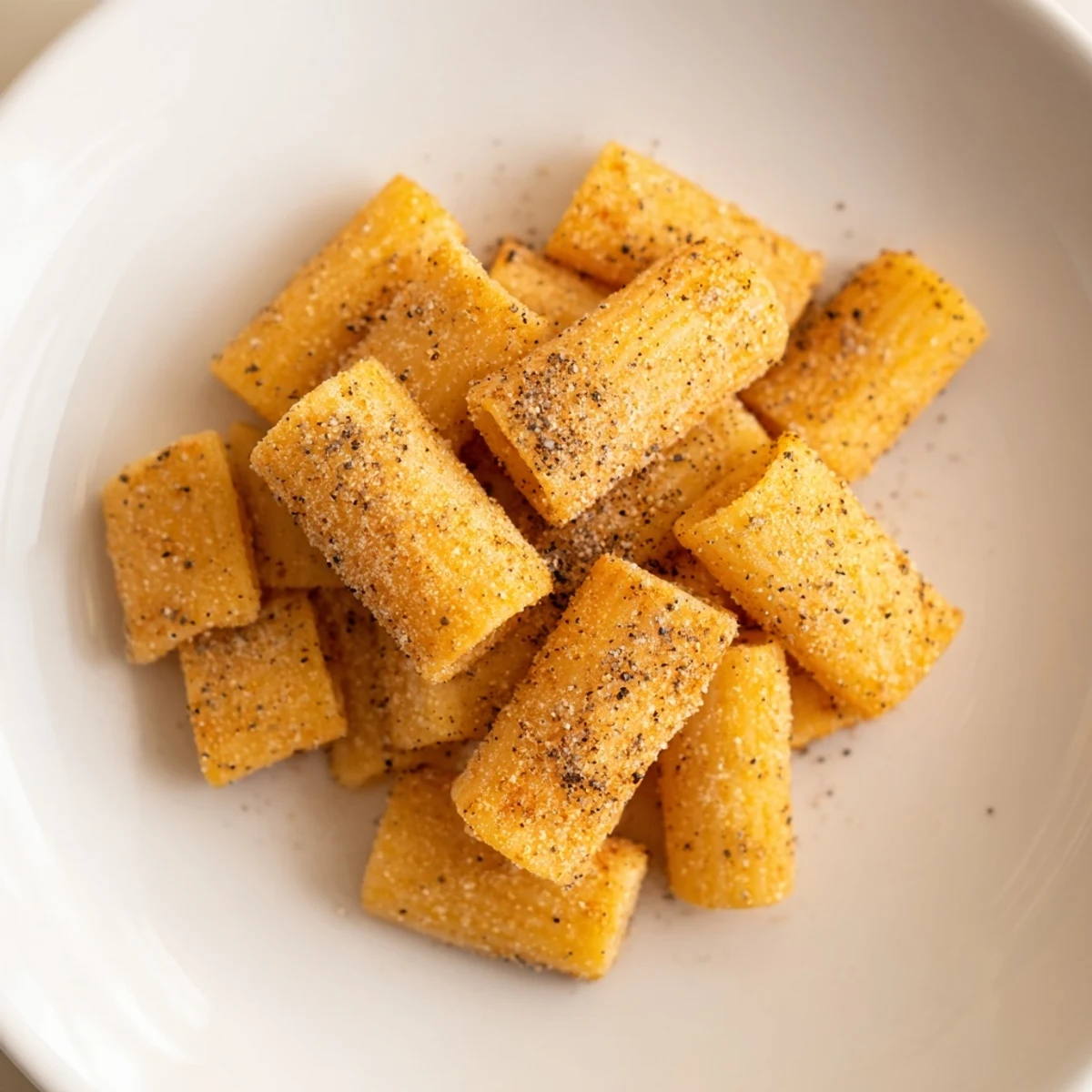 Golden brown Air Fryer Pasta Croutons, perfectly crisp and ready to top a fresh salad or eat as a snack.