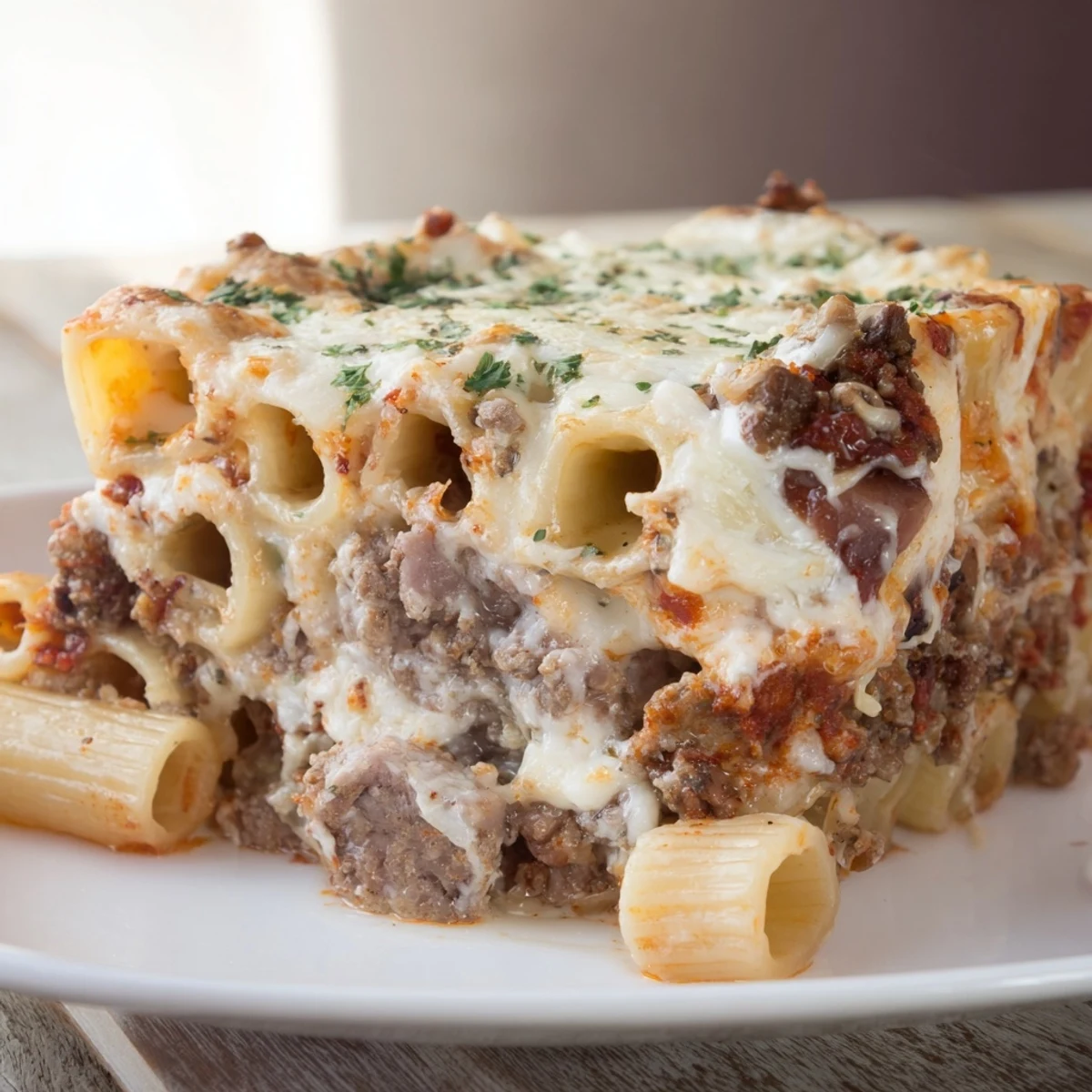 Golden, bubbling picture of Moist Maker Pasta Casserole, a comforting turkey and cheese baked dish.