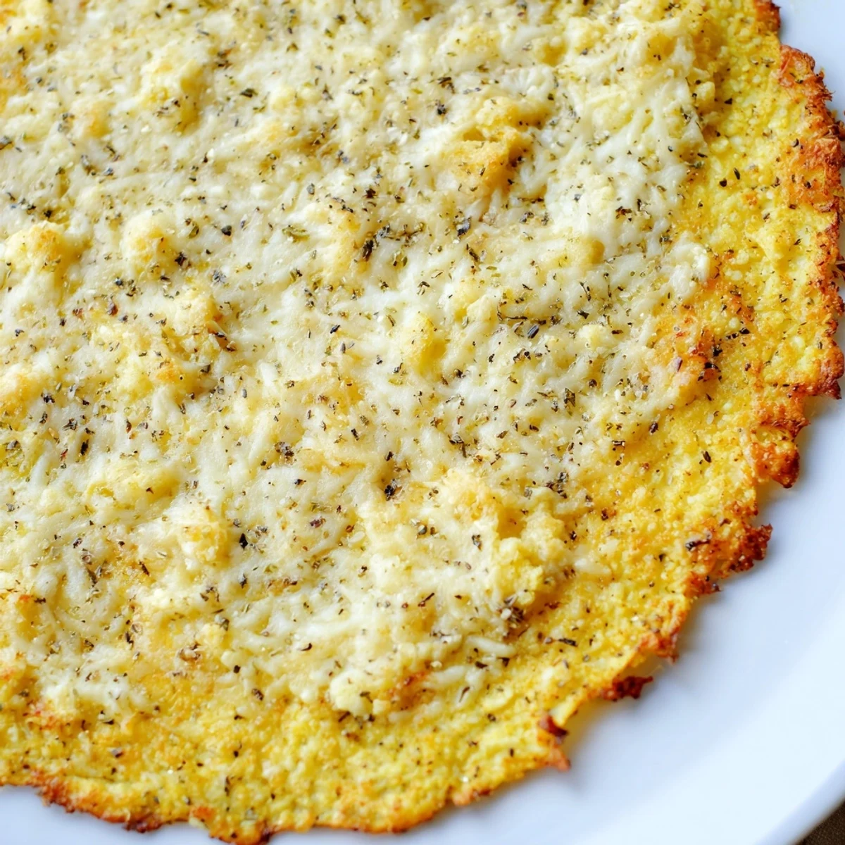 Golden-brown cauliflower pizza crust, ready for toppings, promising a flavorful low-carb meal.