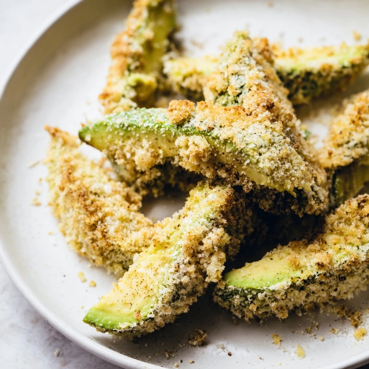 Golden, crispy-coated Crispy Baked Avocado Fries served with lemon wedges and creamy dipping sauce.
