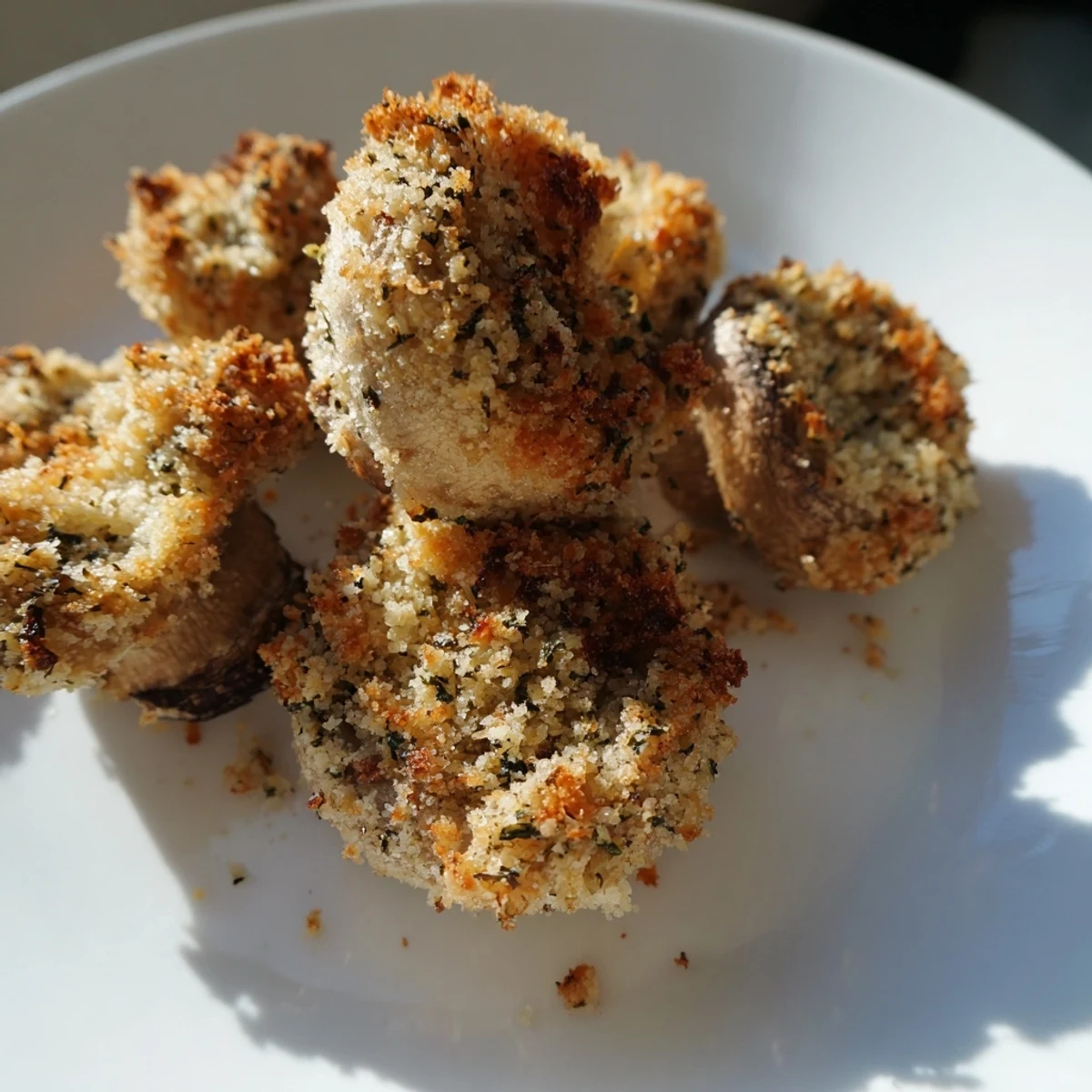 Oven-baked Ranch-Seasoned Crispy Mushrooms, perfectly seasoned, offering a delightful and crunchy snack or appetizer.
