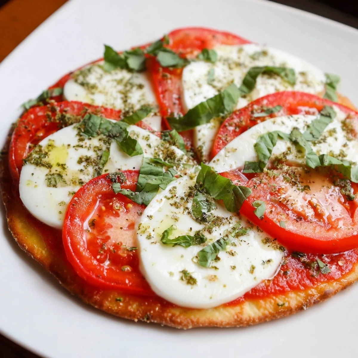Quick Margherita Naan Pizza: Cheesy mozzarella and juicy tomatoes atop toasted naan, ready to serve!
