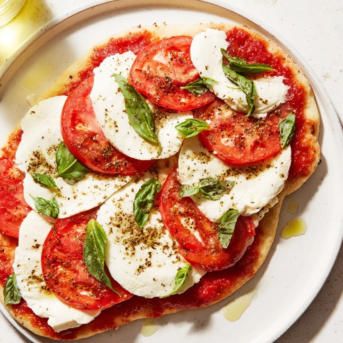 Freshly baked Quick Margherita Naan Pizza, featuring basil and bubbling cheese on a golden crust.