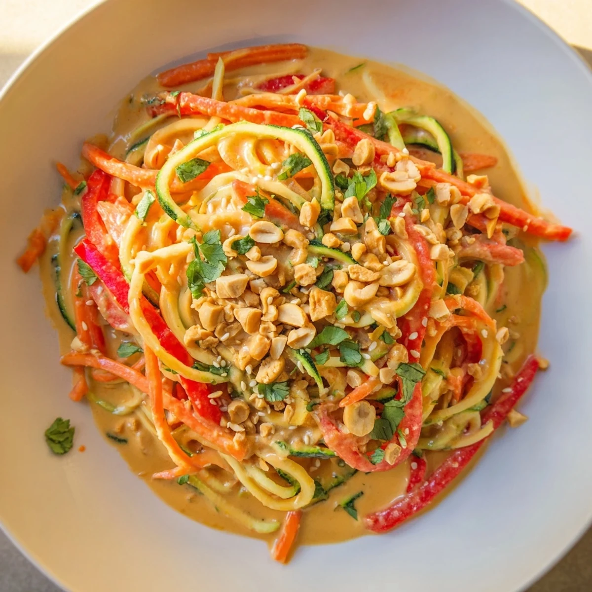 Zesty peanut zucchini noodles drizzled with creamy peanut sauce, a vibrant and healthy salad.